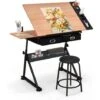 COSTWAY Tavolo Da Disegno Scrivania Per Arte Con Cassetti + Sgabello, Regolabile In Altezza Ed Inclinabile