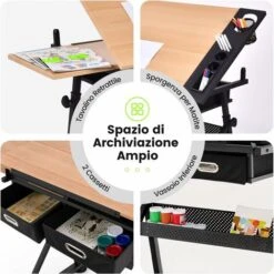 COSTWAY Tavolo Da Disegno Scrivania Per Arte Con Cassetti + Sgabello, Regolabile In Altezza Ed Inclinabile -Armonia Casa 11536430 3