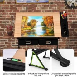 COSTWAY Tavolo Da Disegno Scrivania Per Arte Con Cassetti + Sgabello, Regolabile In Altezza Ed Inclinabile -Armonia Casa 11536430 5