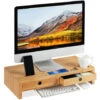 Relaxdays Supporto Per Monitor, In Bambù, Rialzo Per PC Con 2 Tiretti & Scomparti, HLP 12x56x27cm, Color Legno Naturale