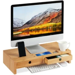 Relaxdays Supporto Per Monitor, In Bambù, Rialzo Per PC Con 2 Tiretti & Scomparti, HLP 12x56x27cm, Color Legno Naturale