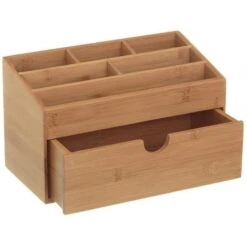 Organizer Portaoggetti Da Scrivania In Legno Bambu' Con 6 Scomparti E Cassetto