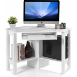 COSTWAY Scrivania Angolare In Legno, Scrivania Porta PC Con Vassoio Per Tastiera E Rispini, Scrivania Salvaspazio E Moderna Per Ufficio E Studio, 120 X 60 X 77 Cm (Bianco)