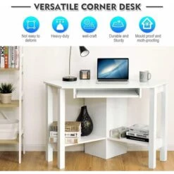 COSTWAY Scrivania Angolare In Legno, Scrivania Porta PC Con Vassoio Per Tastiera E Rispini, Scrivania Salvaspazio E Moderna Per Ufficio E Studio, 120 X 60 X 77 Cm (Bianco) -Armonia Casa 13934863 4