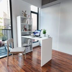 Scrivania Con Libreria Reversibile Salvaspazio Kirkensen Scrittoio Scaffali Laterali Mobile Desk Postazione Pc Da Studio Ufficio Soggiorno Sala Da Pranzo 120 X 144 X 53 Cm Colore Bianco -Armonia Casa 15252970 2