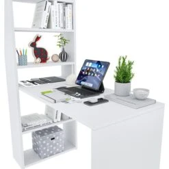 Scrivania Con Libreria Reversibile Salvaspazio Kirkensen Scrittoio Scaffali Laterali Mobile Desk Postazione Pc Da Studio Ufficio Soggiorno Sala Da Pranzo 120 X 144 X 53 Cm Colore Bianco -Armonia Casa 15252970 4