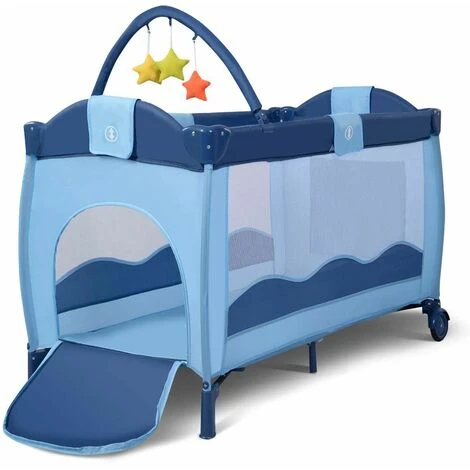 COSTWAY Lettino Da Viaggio Lettino Da Campeggio Per Bambini Culla Neonato, Incluso Materasso + Accessori, 125 X 66 X 77 Cm (Blu) 5 COSTWAY Lettino Da Viaggio Lettino Da Campeggio Per Bambini Culla Neonato, Incluso Materasso + Accessori, 125 X 66 X 77 Cm (Blu) - immagine 5