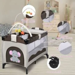 COSTWAY Lettino Da Viaggio Lettino Da Campeggio Per Bambini Culla Neonato, Incluso Materasso + Accessori, 125 X 66 X 77 Cm (Marrone) -Armonia Casa 15820146 4