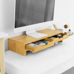 SoBuy Supporto Monitor Pc Da Scrivania Per 2 Monitors Angoli Girevole Con 2 Cassetti E Gomma Antiscivolo In Legno Massello Di Bambù BBF04-N -Armonia Casa 15881594 4