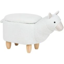 Sgabello Bambini Forma Alpaca Poliestere Bianco Imbottito Gambe Legno Alpaca