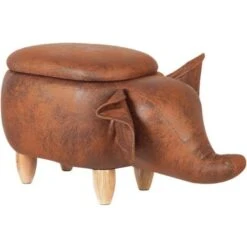 Sgabello Bambini Forma Elefante Ecopelle Marrone Imbottita Gambe Legno Elephant