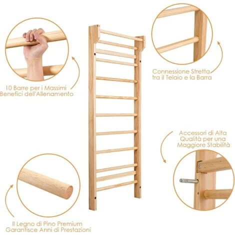 COSTWAY Spalliera Svedese Adulti E Bambini - Scala Svedese In Legno Di Pino A 10 Gradini - Spalliera Palestra E Casa Carico Massimo 100 Kg Per Fitness E Ginnastica 195 X 80 X 14 Cm 3 COSTWAY Spalliera Svedese Adulti E Bambini - Scala Svedese In Legno Di Pino A 10 Gradini - Spalliera Palestra E Casa Carico Massimo 100 Kg Per Fitness E Ginnastica 195 X 80 X 14 Cm - immagine 3