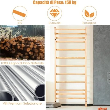 COSTWAY Spalliera Svedese Adulti E Bambini - Scala Svedese In Legno Di Pino A 10 Gradini - Spalliera Palestra E Casa Carico Massimo 100 Kg Per Fitness E Ginnastica 195 X 80 X 14 Cm 5 COSTWAY Spalliera Svedese Adulti E Bambini - Scala Svedese In Legno Di Pino A 10 Gradini - Spalliera Palestra E Casa Carico Massimo 100 Kg Per Fitness E Ginnastica 195 X 80 X 14 Cm - immagine 5