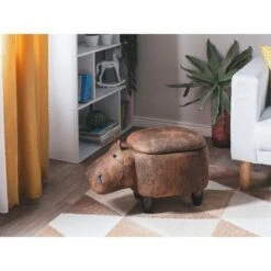 Sgabello Bambini Forma Ippopotamo Ecopelle Marrone Imbottita Gambe Legno Hippo -Armonia Casa 16793466 2 1