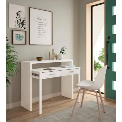 Consolle, Scrivania Con Piano Estensibile, Scrittoio Porta PC Con 2 Cassetti, Cm 99x36h88, Bianco 2 Consolle, Scrivania Con Piano Estensibile, Scrittoio Porta PC Con 2 Cassetti, Cm 99x36h88, Bianco - immagine 2