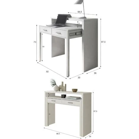 Consolle, Scrivania Con Piano Estensibile, Scrittoio Porta PC Con 2 Cassetti, Cm 99x36h88, Bianco 3 Consolle, Scrivania Con Piano Estensibile, Scrittoio Porta PC Con 2 Cassetti, Cm 99x36h88, Bianco - immagine 3