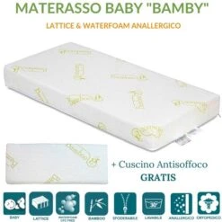 EVERGREENWEB - Materasso Lettino O Culla 60x120 In LATTICE E Waterfoam Per Bambini Alto 12 Cm + Cuscino ANTISOFFOCO Su Misura GRATIS Fodera BAMBOO, Rivestimento Sfoderabile Anallergico Lavabile BAMBY