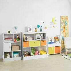 SoBuy Libreria Montessoriana Per Bambini Scaffale Portagiochi Portariviste 3 Scaffali+2 Cestini KMB27-W -Armonia Casa 18249494 5