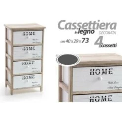 Trade Shop - Cassettiera 4 Cassetti H 73 40x29cm Bianco Legno Naturale Arredamento Moderno