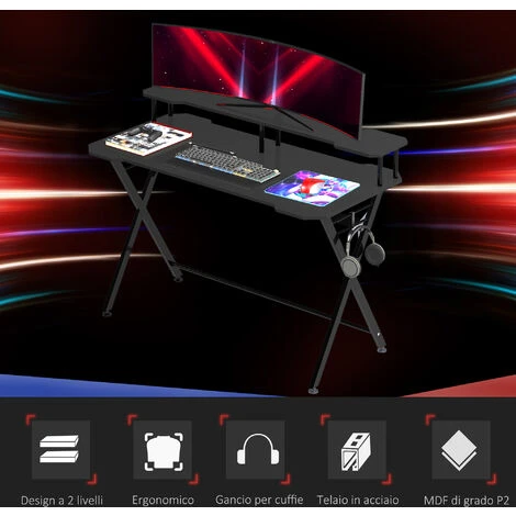 Homcom Scrivania Gaming Con Piano Rialzato Per Monitor E Gancio Cuffie In MDF E Acciaio Nero 140x60x90cm 4 Homcom Scrivania Gaming Con Piano Rialzato Per Monitor E Gancio Cuffie In MDF E Acciaio Nero 140x60x90cm - immagine 4
