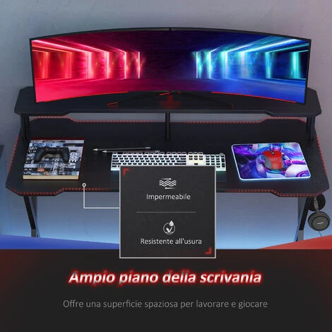 Homcom Scrivania Gaming Con Piano Rialzato Per Monitor E Gancio Cuffie In MDF E Acciaio Nero 140x60x90cm 5 Homcom Scrivania Gaming Con Piano Rialzato Per Monitor E Gancio Cuffie In MDF E Acciaio Nero 140x60x90cm - immagine 5