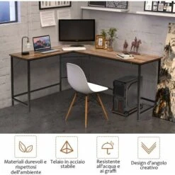 COSTWAY Scrivania Angolare In Legno E Ferro, Scrivania Porta PC Con Porta CPU, Scrivania Salvaspazio Ideale Per Studio E Ufficio, Portata Massima 100 Kg, 168 X 125 X 74 Cm Caffè -Armonia Casa 20949019 5