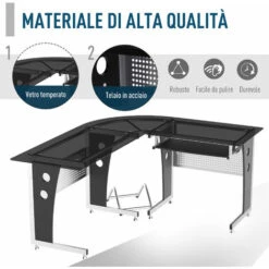 HomCom Scrivania Ad Angolo In Legno MDF Metallo E Vetro Nero 164 X 139 X 75cm -Armonia Casa 22194095 5