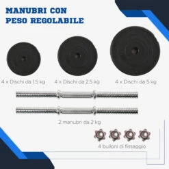 HomCom Set Di Manubri Per Allenamento A Casa In Tubi D'Acciaio E PE Plastica 12 Pezzi 40Kg Nero -Armonia Casa 22807987 4