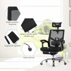 Sedia Da Ufficio Ergonomica Poltrona Regolabile Sedia Da Gaming Girevole, Con Poggiatesta E Poggiapiedi, Per Ufficio Studio E Casa, Nera -Armonia Casa 23251190 3