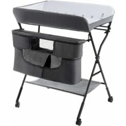 Fasciatoio Pieghevole Portatile, Bagnetto Cambio Pannolini Per Bambini Neonati, Con Ruote E Vaschetta, Grigio