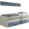 Dmora Letto Singolo Sunnyvale, Struttura Letto Per Cameretta, Letto Singolo Con Lettino Estraibile E Cassettone E Mensola Abbinata, Cm 199x96h65, Bianco E Blu, Con Imballo Rinforzato