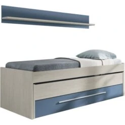 Dmora Letto Singolo Sunnyvale, Struttura Letto Per Cameretta, Letto Singolo Con Lettino Estraibile E Cassettone E Mensola Abbinata, Cm 199x96h65, Bianco E Blu, Con Imballo Rinforzato