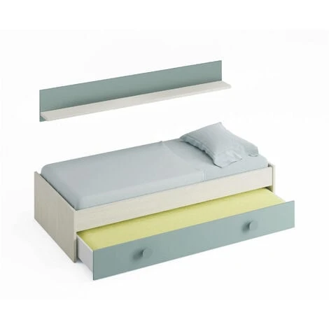 Dmora Letto Singolo Lubbock, Struttura Letto Per Cameretta, Letto Con Lettino Estraibile O Cassettone E Mensola Abbinata, Cm 201x98h43, Bianco E Verde Acqua, Con Imballo Rinforzato 2 Dmora Letto Singolo Lubbock, Struttura Letto Per Cameretta, Letto Con Lettino Estraibile O Cassettone E Mensola Abbinata, Cm 201x98h43, Bianco E Verde Acqua, Con Imballo Rinforzato - immagine 2