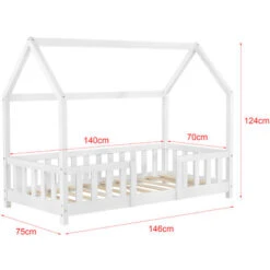 Letto Per Bambino A Forma Di Casetta Con Barriera Anticaduta 140x70 Cm Lettino In Legno Di Pino Con Sponde / Sbarre Di Sicurezza - Bianco -Armonia Casa 24084911 3