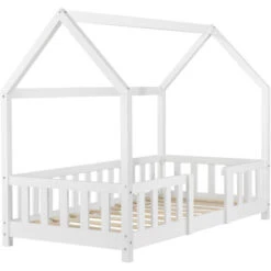 Letto Per Bambino A Forma Di Casetta Con Barriera Anticaduta 140x70 Cm Lettino In Legno Di Pino Con Sponde / Sbarre Di Sicurezza - Bianco -Armonia Casa 24084911 4