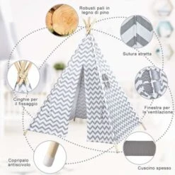 COSTWAY Tenda Da Gioco Indiana Per Bambini, Teepee Di Cotone Con Tappetino Imbottito, Custodia Per Il Trasporto, Grigio, Alto 160cm -Armonia Casa 24107240 4