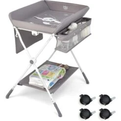 COSTWAY Fasciatoio Pieghevole Per Neonati, Mobile Tavolo Cambio Pannolini 4 In 1 Portatile, Altezza Regolabile, 75x80x99-105 Cm, Con Ruote E Cintura Di Sicurezza, Portata Massima 30 Kg (Grigio)