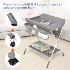 COSTWAY Fasciatoio Pieghevole Per Neonati, Mobile Tavolo Cambio Pannolini 4 In 1 Portatile, Altezza Regolabile, 75x80x99-105 Cm, Con Ruote E Cintura Di Sicurezza, Portata Massima 30 Kg (Grigio) -Armonia Casa 25178325 3