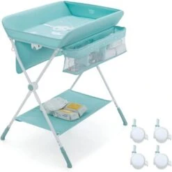 COSTWAY Fasciatoio Pieghevole Per Neonati, Mobile Tavolo Cambio Pannolini 4 In 1 Portatile, Altezza Regolabile, 75x80x99-105 Cm, Con Ruote E Cintura Di Sicurezza, Portata Massima 30 Kg (Azzurro)