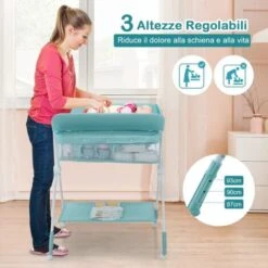 COSTWAY Fasciatoio Pieghevole Per Neonati, Mobile Tavolo Cambio Pannolini 4 In 1 Portatile, Altezza Regolabile, 75x80x99-105 Cm, Con Ruote E Cintura Di Sicurezza, Portata Massima 30 Kg (Azzurro) -Armonia Casa 25178336 3