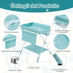 COSTWAY Fasciatoio Pieghevole Per Neonati, Mobile Tavolo Cambio Pannolini 4 In 1 Portatile, Altezza Regolabile, 75x80x99-105 Cm, Con Ruote E Cintura Di Sicurezza, Portata Massima 30 Kg (Azzurro) -Armonia Casa 25178336 4