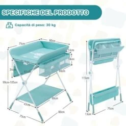 COSTWAY Fasciatoio Pieghevole Per Neonati, Mobile Tavolo Cambio Pannolini 4 In 1 Portatile, Altezza Regolabile, 75x80x99-105 Cm, Con Ruote E Cintura Di Sicurezza, Portata Massima 30 Kg (Azzurro) -Armonia Casa 25178336 5