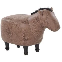Pouf Per Bambini In Tessuto Effetto Pelle Marrone Scuro Gambe In Legno Horse