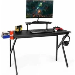 Scrivania Gaming Scrivania Ufficio Computer Tavolo Per Computer, Con Supporto Per Cuffia, Tazze E Audio, Nero, 132 X 60 X 90,5-99,5cm