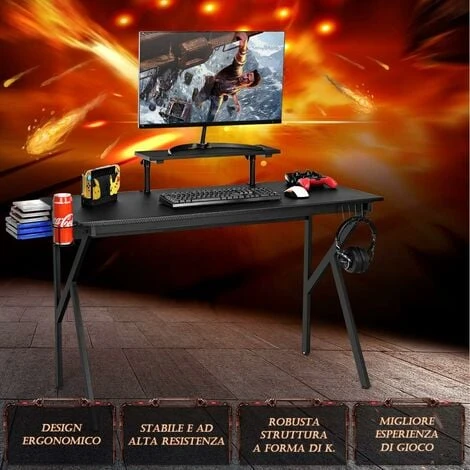 Scrivania Gaming Scrivania Ufficio Computer Tavolo Per Computer, Con Supporto Per Cuffia, Tazze E Audio, Nero, 132 X 60 X 90,5-99,5cm 2 Scrivania Gaming Scrivania Ufficio Computer Tavolo Per Computer, Con Supporto Per Cuffia, Tazze E Audio, Nero, 132 X 60 X 90,5-99,5cm - immagine 2