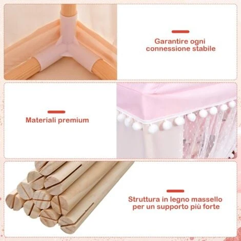 Tenda Da Gioco Casetta Per Bambini, Castello Giocattolo Tenda, Legno Cotone, 120x105x140 Cm (Rosa) 3 Tenda Da Gioco Casetta Per Bambini, Castello Giocattolo Tenda, Legno Cotone, 120x105x140 Cm (Rosa) - immagine 3