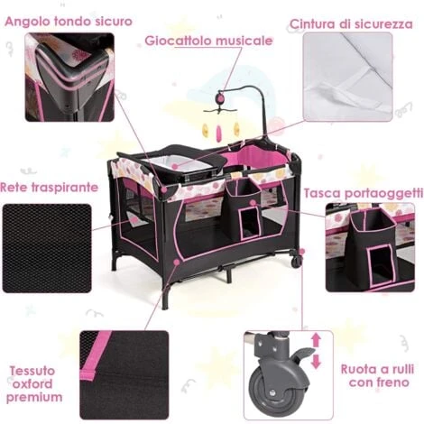 Lettino Da Viaggio Per Neonati Box Portatile, Lettino Pieghevole Con Ruote E Materassino, Borsa Di Trasporto E Giochi Inclusi, Rosa 4 Lettino Da Viaggio Per Neonati Box Portatile, Lettino Pieghevole Con Ruote E Materassino, Borsa Di Trasporto E Giochi Inclusi, Rosa - immagine 4