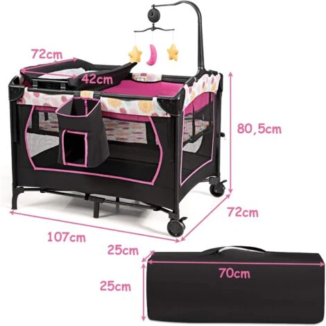 Lettino Da Viaggio Per Neonati Box Portatile, Lettino Pieghevole Con Ruote E Materassino, Borsa Di Trasporto E Giochi Inclusi, Rosa 5 Lettino Da Viaggio Per Neonati Box Portatile, Lettino Pieghevole Con Ruote E Materassino, Borsa Di Trasporto E Giochi Inclusi, Rosa - immagine 5