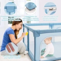 COSTWAY Box Per Bambini Centro Attività Portatile Per Neonati, Rete Traspirante, 190 X 150 X 70cm (Blu) -Armonia Casa 28990638 3