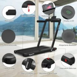 COSTWAY Tapis Roulant Elettrico Pieghevole Salvaspazio, Tapis Roulant Velocità Regolabile 1-12 Km/h, Con Altoparlante, Bluetooth, Telecomando E Schermo LED, Portata 120 Kg, Nero -Armonia Casa 29103503 3